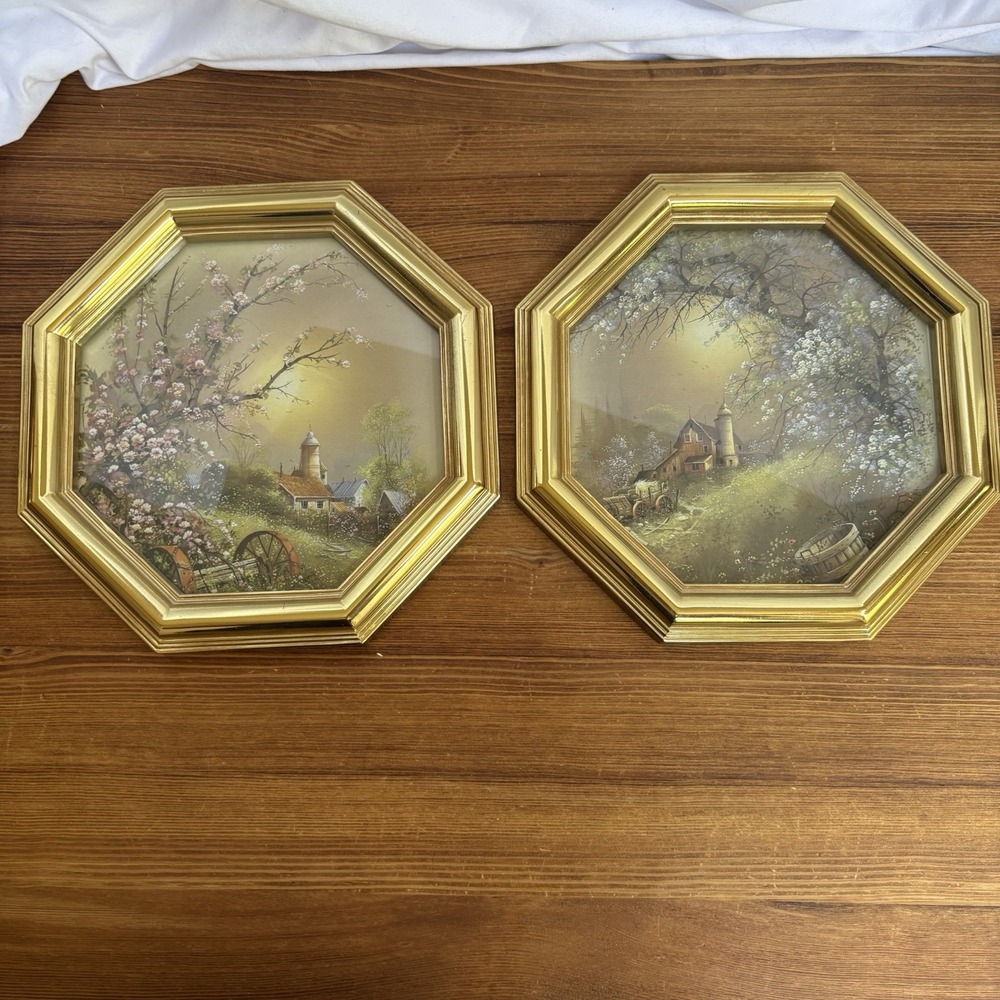 Vintage Pair Octagon Gold Framed Cottage Village Landscape Wall Art Set